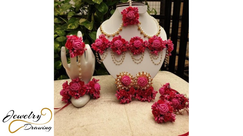 Big red roses and golden yellow pearl combination flower jewellery set