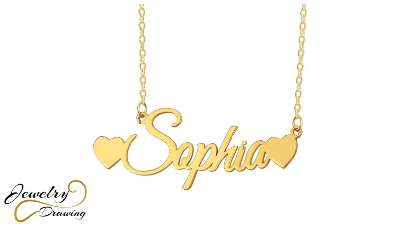 Gold name necklace with double side heart design