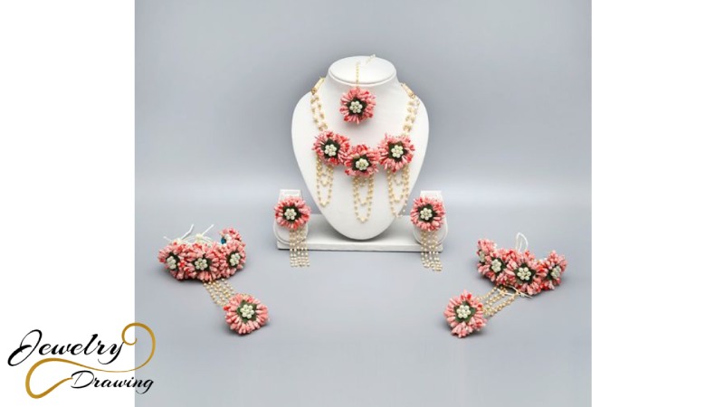 Green, pink colours combination, flower design jewellery set