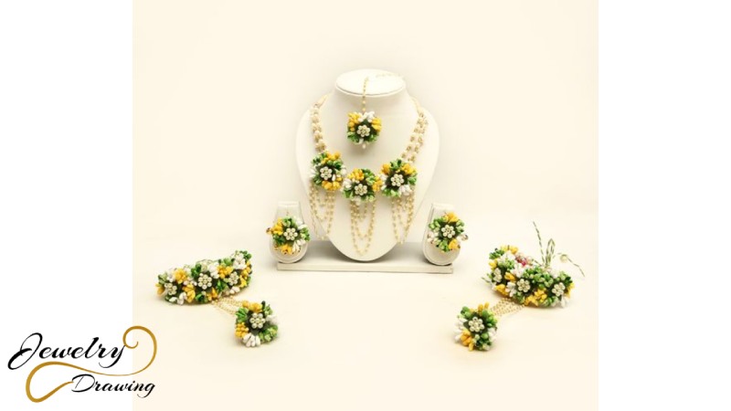 Green, yellow and white flower, triple combination jewellery set