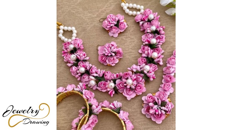 Pink flowers and middle white pearls combination jewellery set