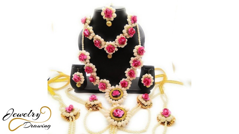 Pink flowers and white pearls unique design pendant jewellery set