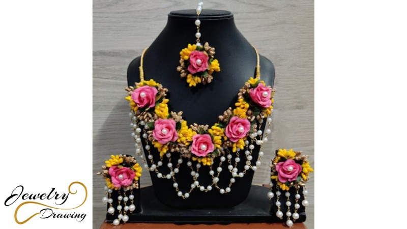 Pink rose and middle pearl flower jewellery set