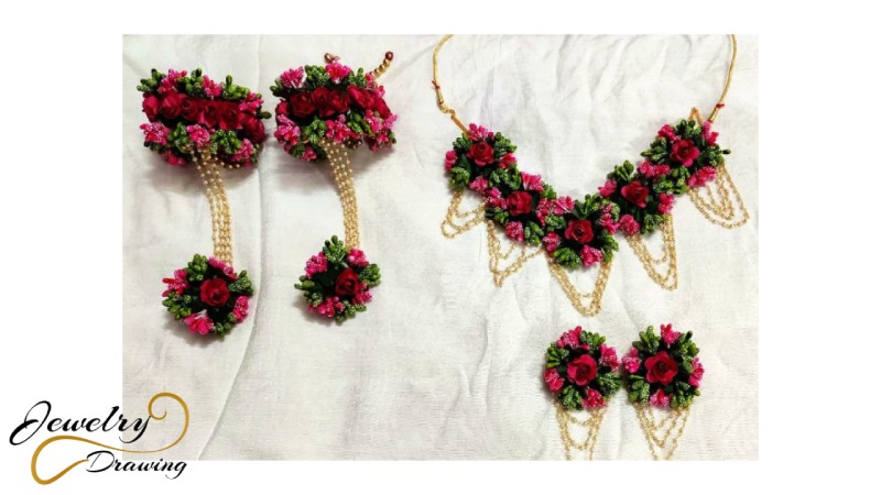 Triple colour flowers and golden pearls edition flower jewellery set