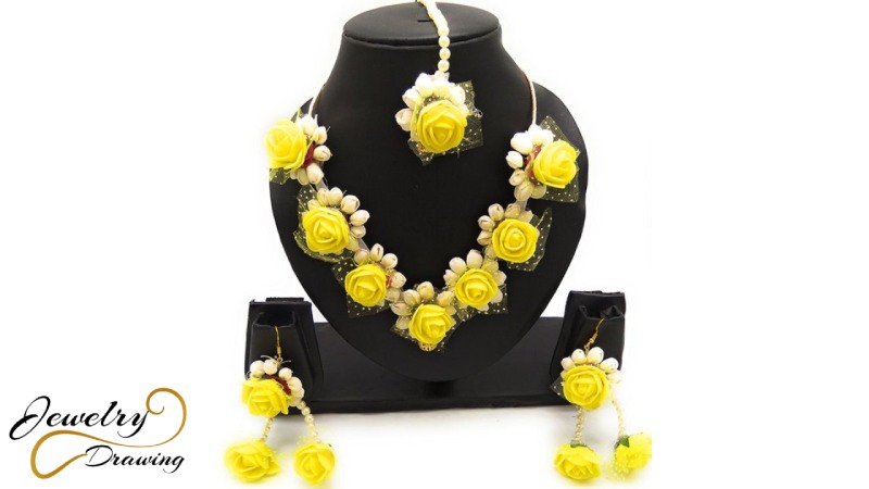 Yellow flowers and white pearls combination jewellery set