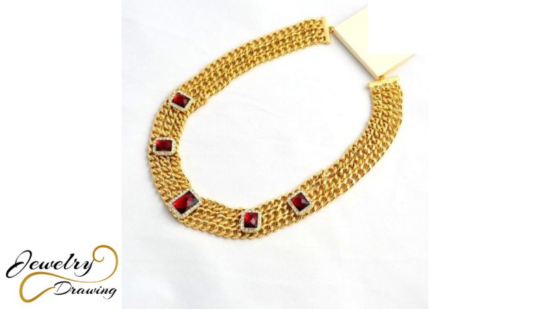 Red diamond and triple gold line design necklace