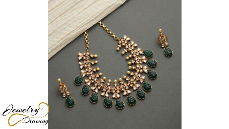 Green colour special edition drop design, pearl combination jewellery necklace
