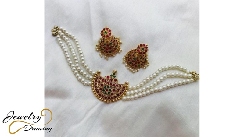 Multicolour diamonds and white pearl with gold triple combination design jewellery set