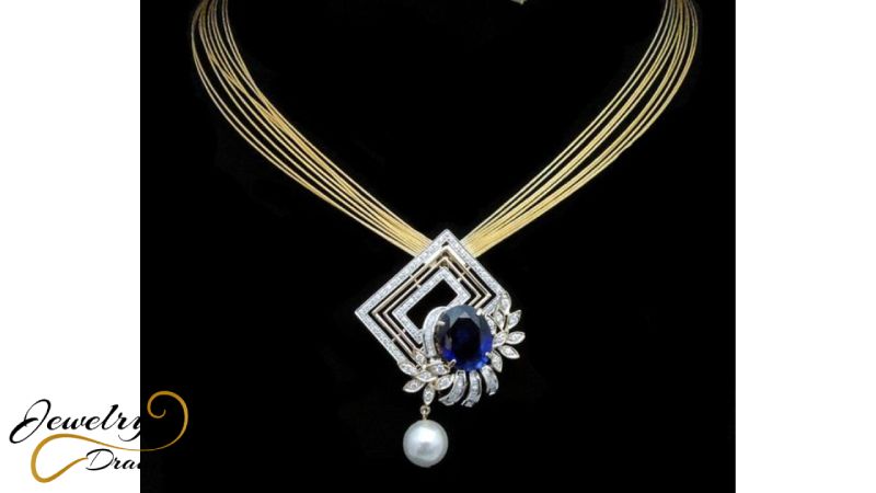 Blue diamond and white shiny pearl with golden layers unique designer artificial necklace