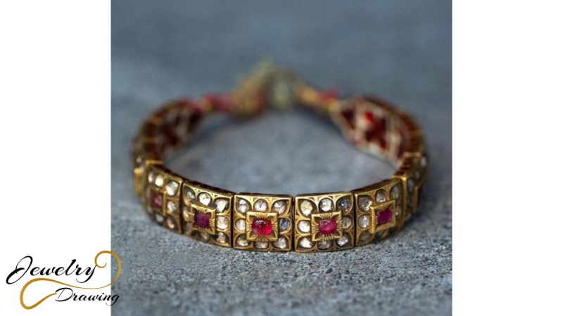 Box and drop shape with pink stone attachment gold and diamond bracelet