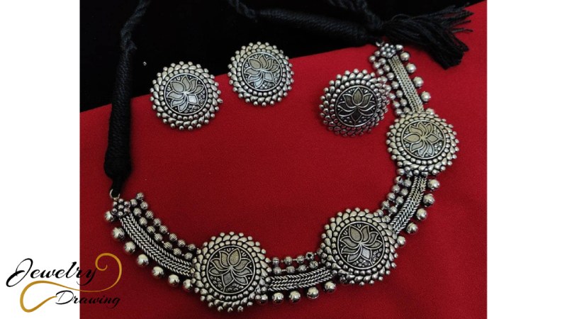 Circular objects with flower decoration combination designer oxidized silver jewellery set