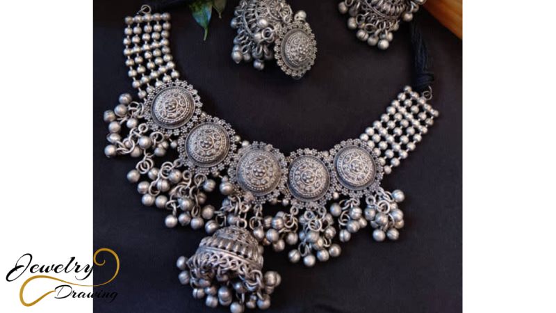 Circular shape with ring bell design combination oxidized silver jewellery set