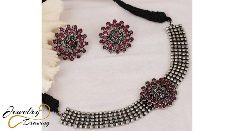 Circular structure with small drop shape combination design oxidized silver jewellery set