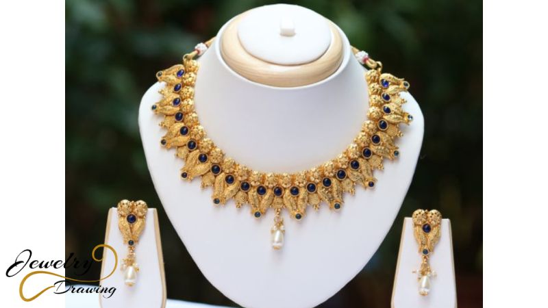 Dark blue pearl with gold leaf shape designer artificial jewellery set