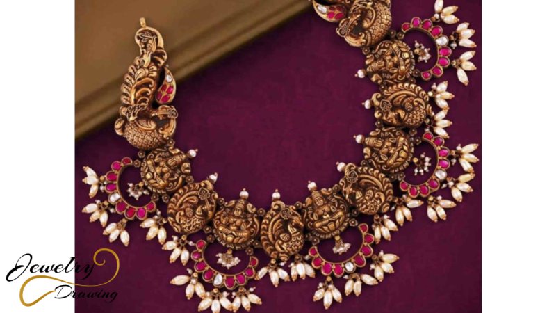 Designer leaf and statue combination design antique gold necklace