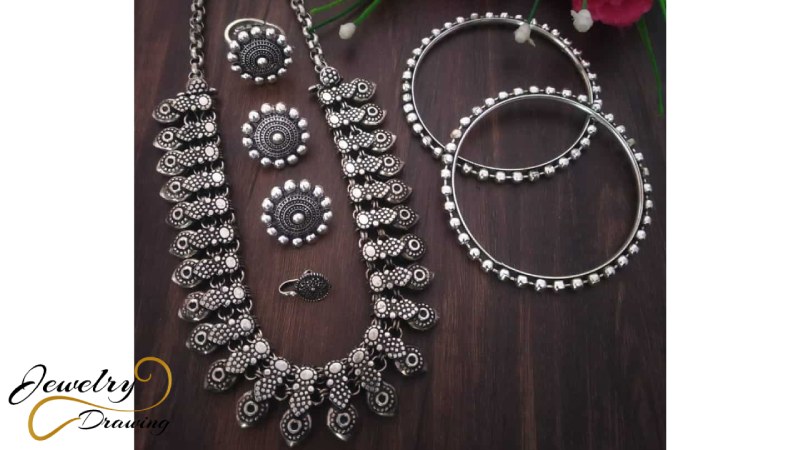 Drop shape and pearl’s circular design combination oxidized silver jewellery set