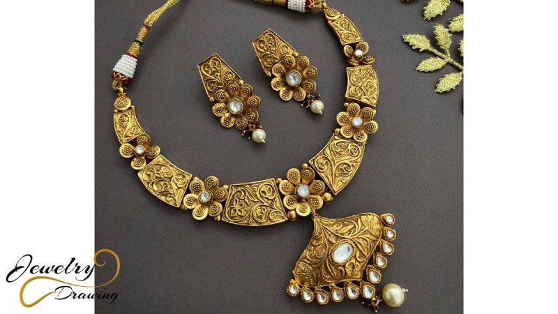 Floral and leaf embroidery combination design with white diamond attachment, antique design gold jewellery set