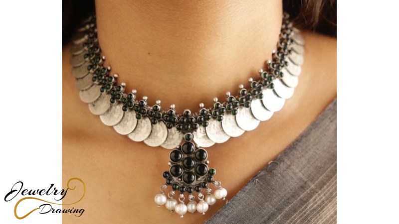 Kasulaperu designer black and silver combination oxidized necklace