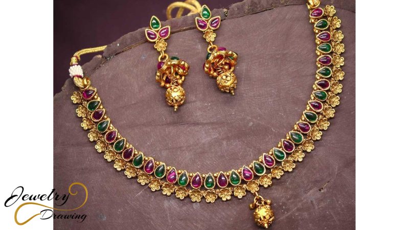 Multicolour drop shape design antique gold jewellery set