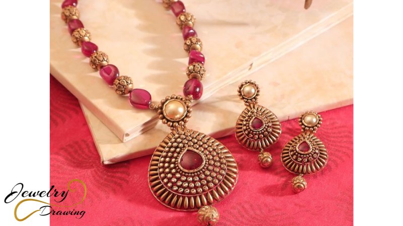 Pink and gold unique combination design with multi shape object attachment, antique jewellery set