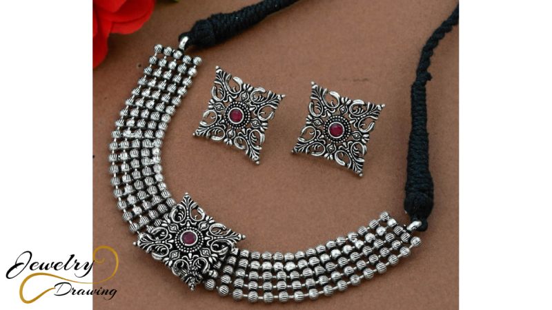 Pink stone addition unique designer oxidized silver necklace