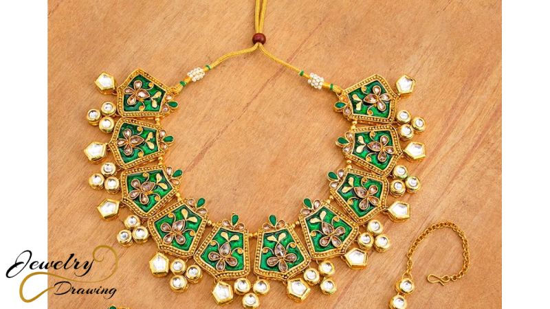 Rectangle and round shape hanger design with green and gold colour combination design, artificial necklace