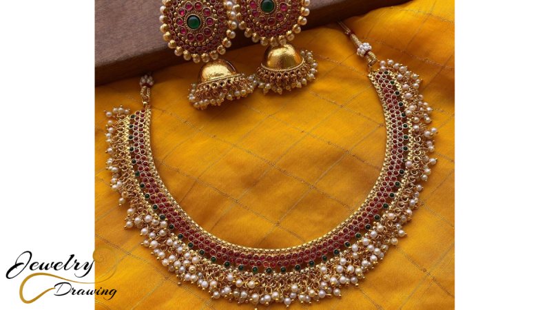 Red, green and gold colour combination with white object decoration antique design jewellery set