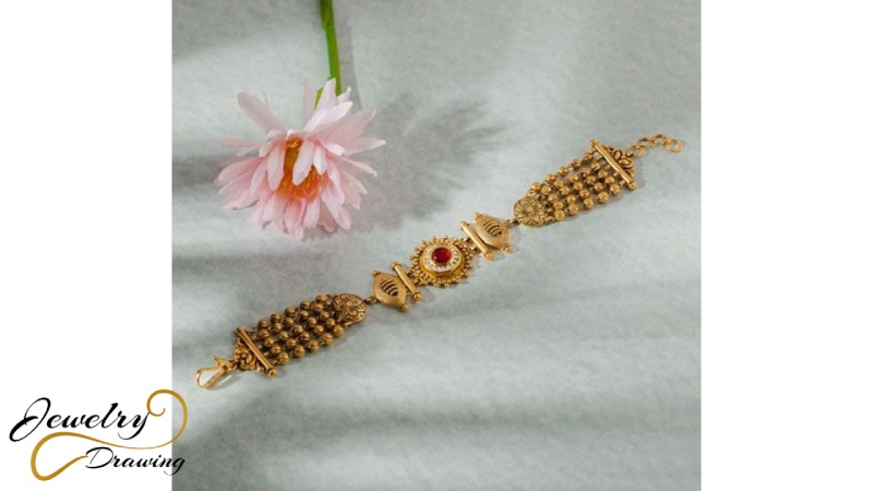 Red stone with round and drop shape combination gold bracelet