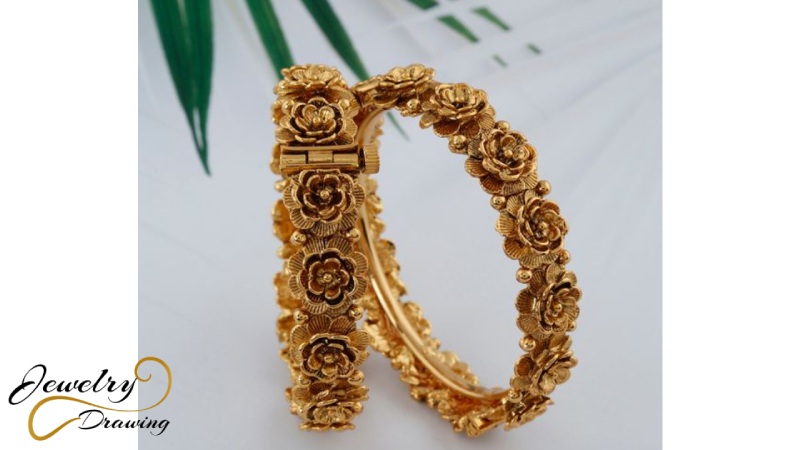 Shiny gold floral object with liner design combination gold bracelet