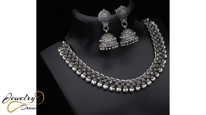 Silver pearl with round surface design silver oxidized jewellery set
