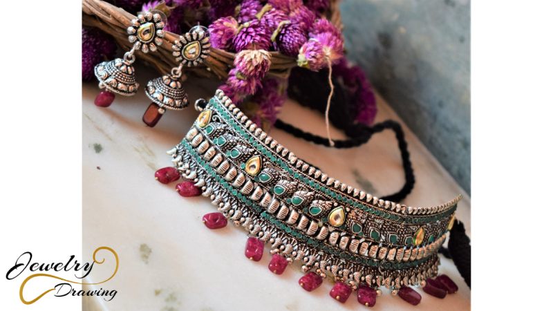 Small drop shape with other designs combination oxidized silver jewellery set