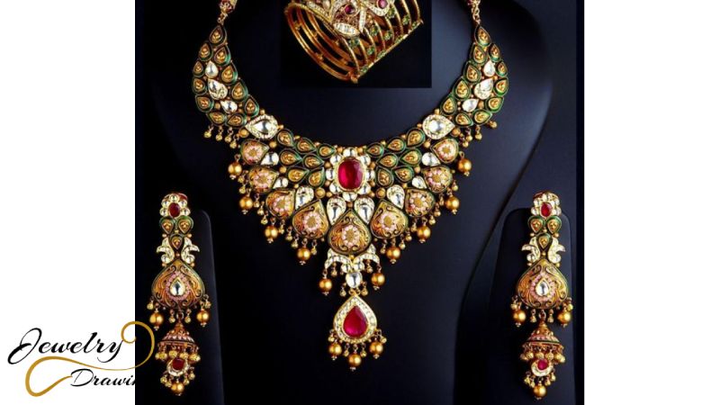 The beauty of gold with green enhancer combination design artificial jewellery set