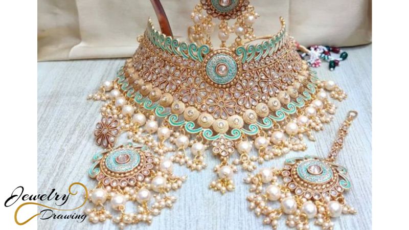 The gorgeous blue with gold and white colour combination premium designer artificial jewellery set