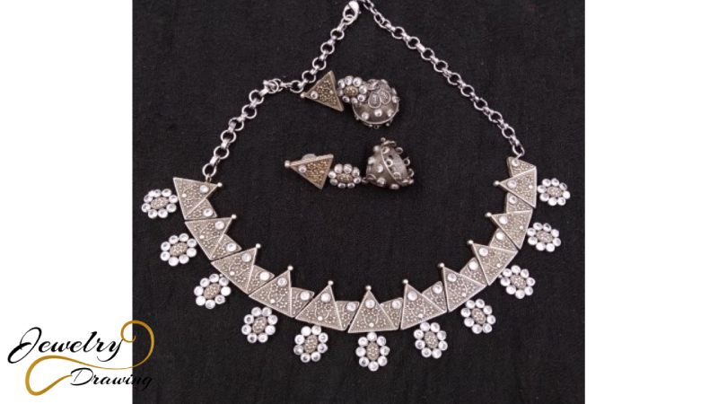 Triangle shape with floral combination oxidized silver jewellery set