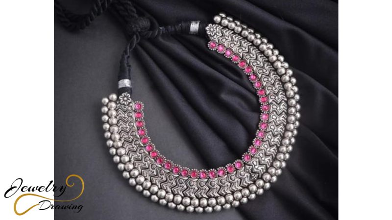 Pink and silver combination unique design oxidized silver necklace