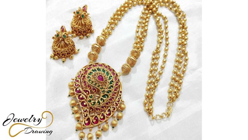Large drop shape with multicolour stone decoration, 1 Gram gold necklace
