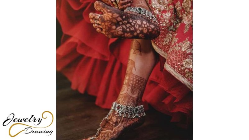 Feet mehndi design with silver ankle bracelet