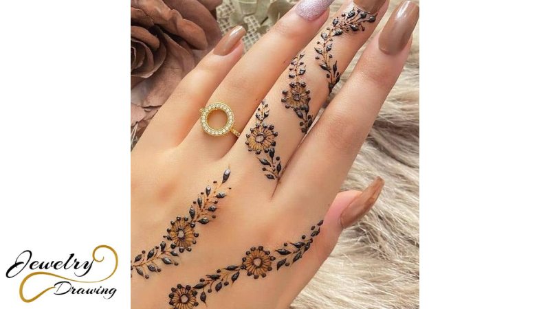 Gorgeous flower mehndi with gold ring combination design