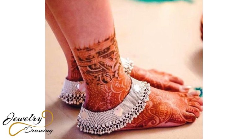 Floral feet mehndi design with silver anklet