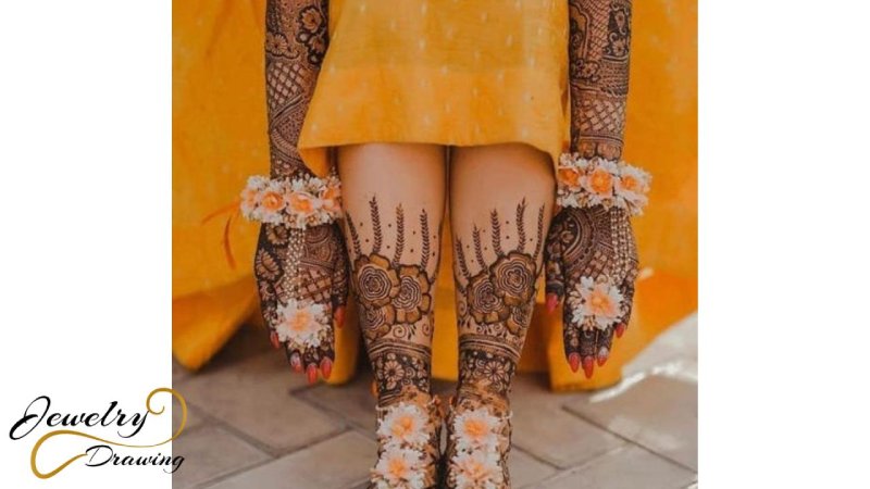 Foot and hand combination mehndi design with floral jewelry look
