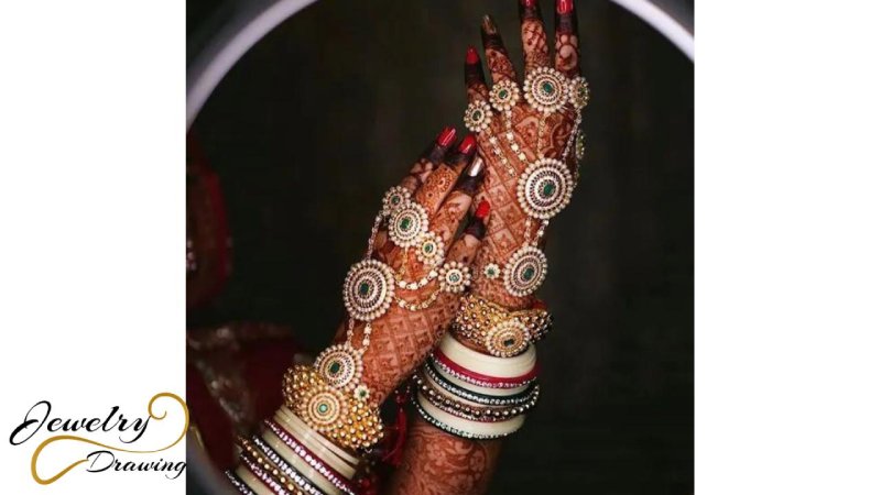 Full hand mehndi design with green stone attachment hand adornment look