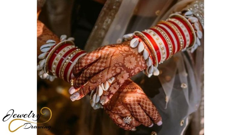 Red and white bangle combination with floral mehndi design