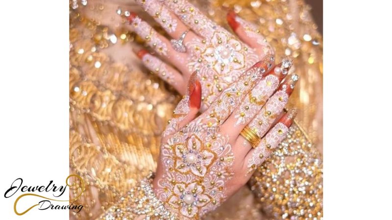 White and golden mehndi and jewelry combination design